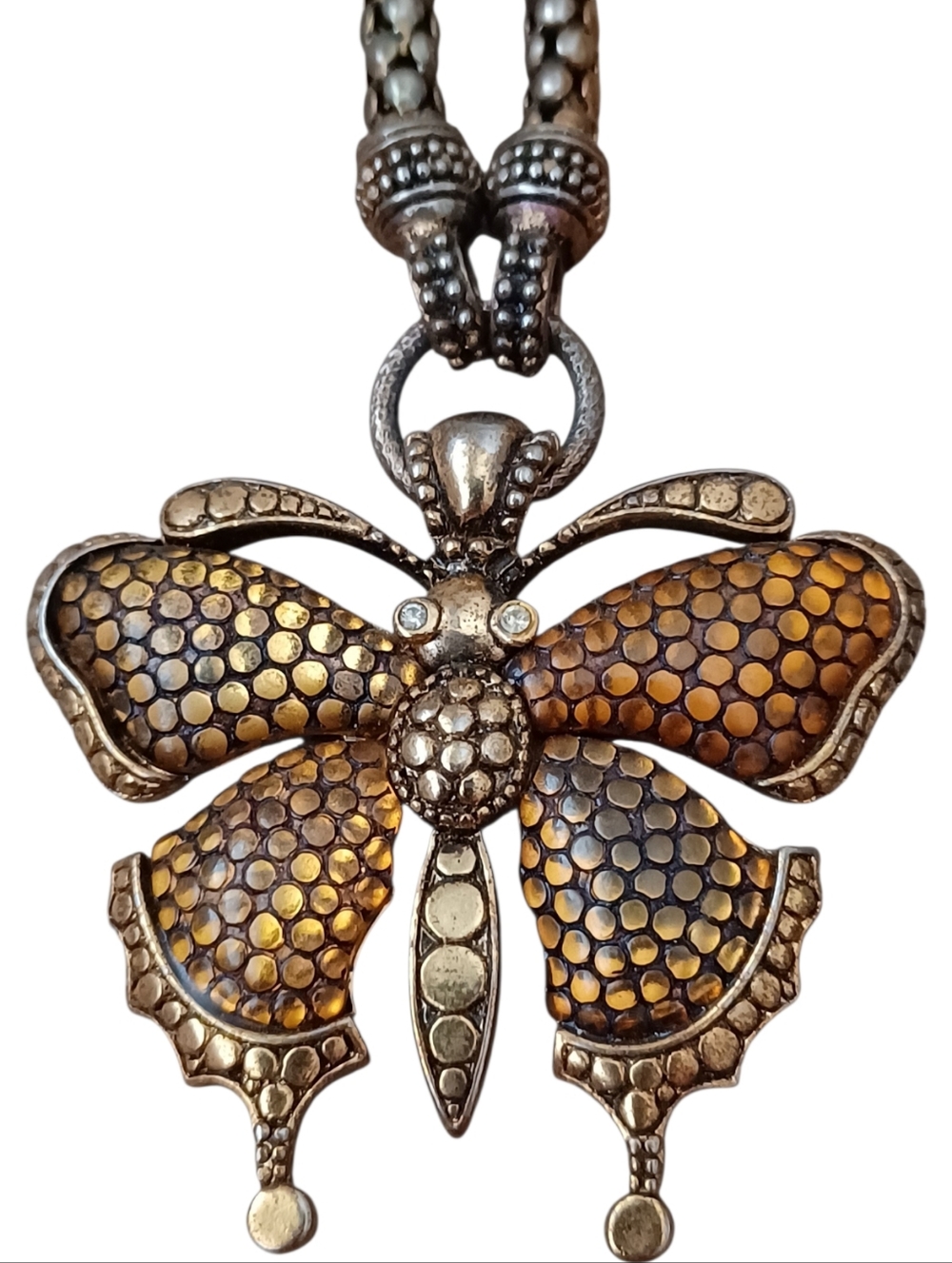 Butterfly Pendant Necklace in Antique Gold and Silver